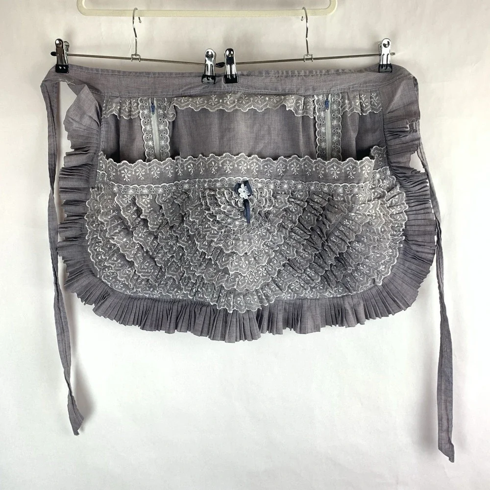 Womens Half Apron Pockets Ruffle Handmade Eyelet Lace Gray Tradwife Maid Cosplay